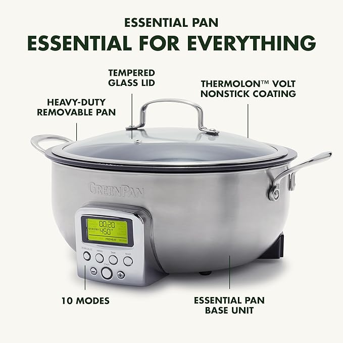 GreenPan Elite 6QT Electric Skillet, Sear Saute Stir-Fry Cook Rice, Healthy Ceramic Nonstick, Dishwasher Safe Parts, Easy-to-use LED Display, PFOA and PFA Free, Smart Pot, Stainless Steel