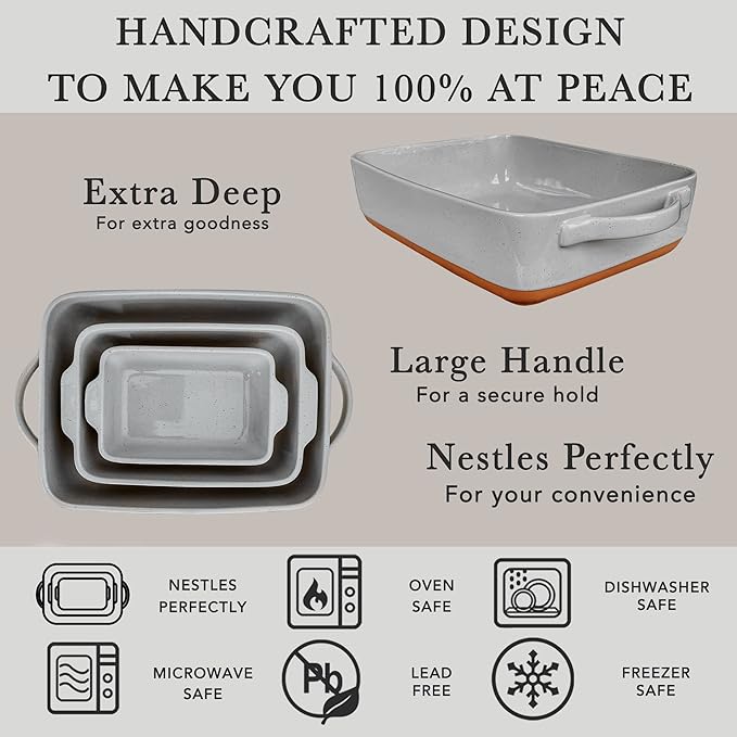 Mora Ceramic Set of 2 Baking Dishes For Casserole, Banana Bread, Brownies, Broiling, Roasting, and Baking. 7x11 in and Loaf Pans - Porcelain Serving Bakeware from Oven to Table. Freezer Safe - Grey