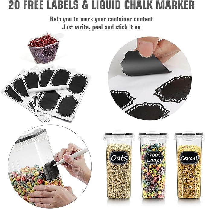 Wildone Cereal Storage Containers Set, Large BPA Free Plastic Airtight Food Storage Containers 4L for Flour, Sugar, 6 Piece Set Cereal Dispensers with 20 Labels & Marker, Black