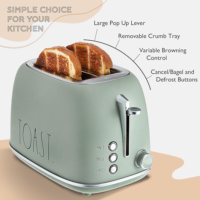 Rae Dunn Retro Rounded Bread Toaster, 2 Slice Stainless Steel Toaster with Removable Crumb Tray, Wide Slot with 6 Browning Levels, Bagel, Defrost and Cancel Options, Sage