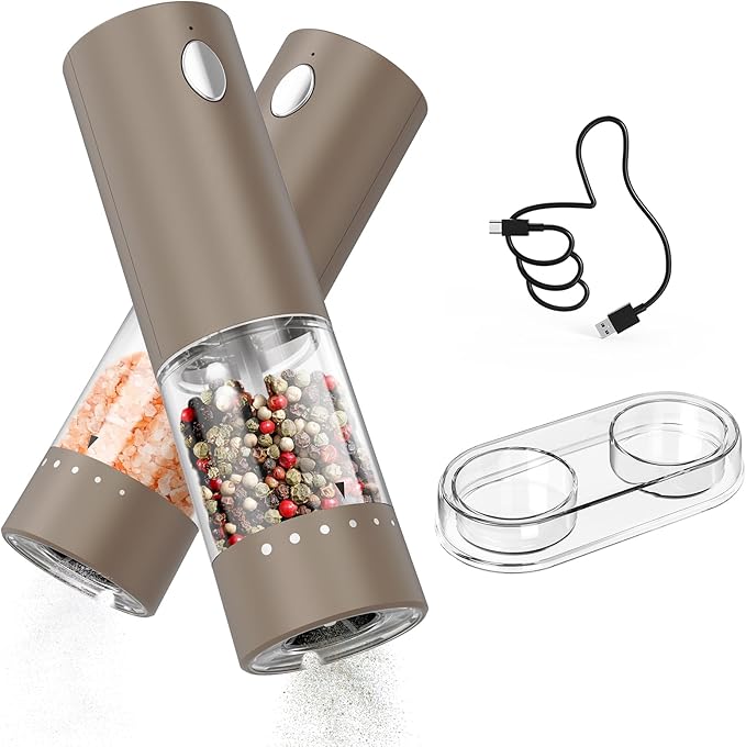 CIRCLE JOY Electric Salt and Pepper Grinder Set Rechargeable Salt and Pepper Mills with Storage Base, Adjustable Coarseness and LED White Light, Washable 95ml Container, Brown