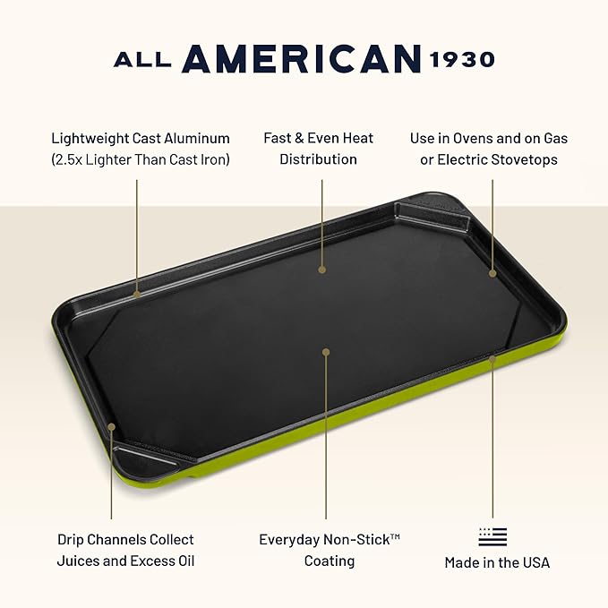 All American 1930 - Ultimate Flat Griddle with Ceramic Non-Stick Coating - Kelp Green - Durable & PFAS Free - For Easy, Prep, Cooking, & Cleaning - Made in the USA