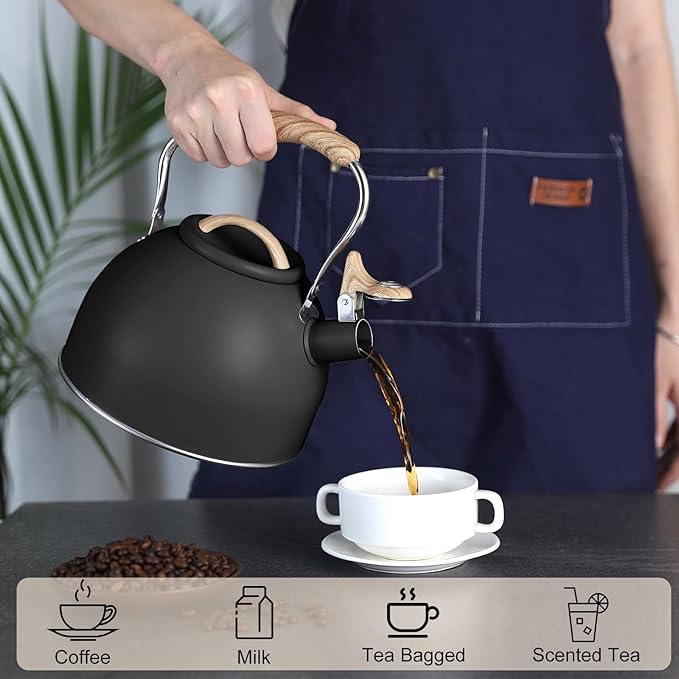 Tea Kettle, Vegoran 100 OZ / 3 Liter Whistling Tea Kettle, Tea Pots for Stove Top Food Grade Stainless Steel with Wood Pattern Folding Handle, Loud Whistle Kettle for Tea, Coffee, Milk (Black)
