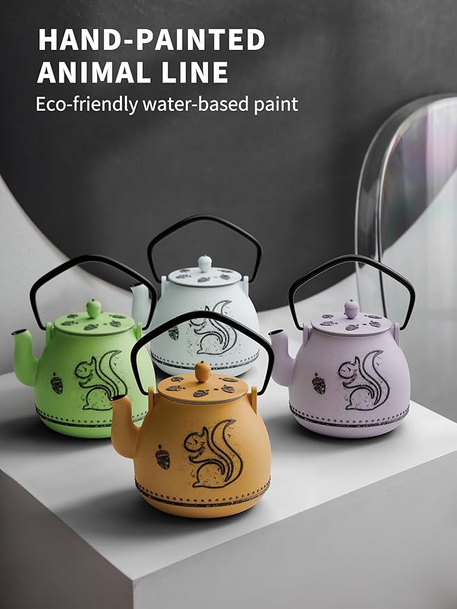 Toptier Teapot with Removable Infuser, Cast Iron Tea Kettle Stovetop Safe, Squirrel Design Tea Pot Coated with Enameled Interior for 32 Ounce (950 ml), Light Blue