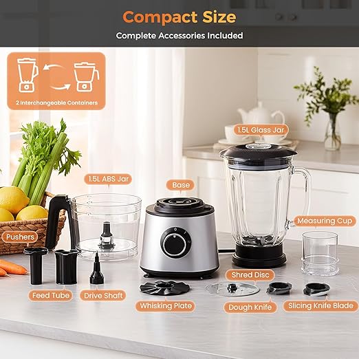 Sweetcrispy Food Processor Blender Combo for Vegetable, Dough, Electric Food Processors Slicing, 6 Cup Chopper for Meat, Puree, 2 Speeds, Sharp Blades, Safety Lock with 1.5L Glass Jar