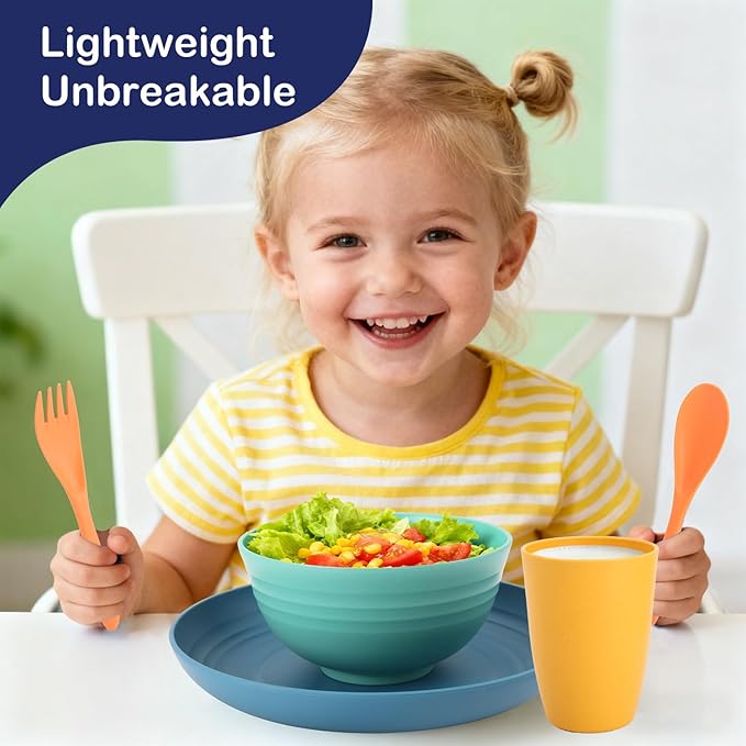 Wheat Straw Dinnerware Sets, 20 PCS Service for 4, Dishwasher & Microwave Safe Kids Plates and Bowls Sets, Unbreakable Lightweight Outdoor Camping Dishes - Multicolor