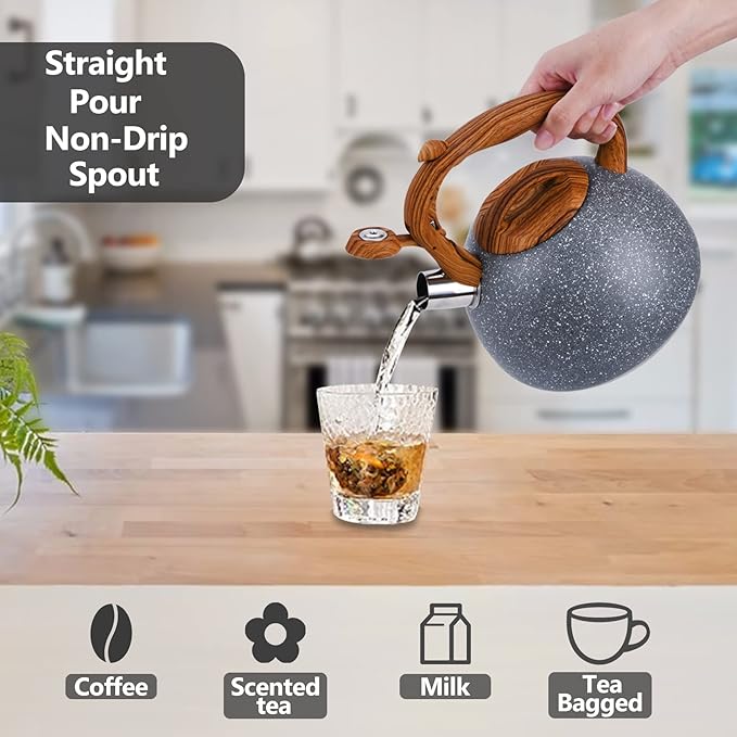 Tea Kettle, 3.2 Quart Whistling Tea Kettle Stovetop, Tea Pots for Stove Top Food Grade Stainless Steel with Wood Pattern Handle, Grey Teapot