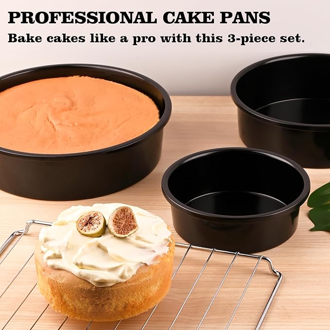 HUAKENER 3 Pack Round Cake Pans, 6" 8" 10 Inch Circle Cake Pan with 150 Pieces Parchment Paper, Non-stick Cake Baking Pans, Dishwasher Safe