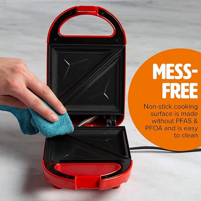 Tasty Mini Sandwich Maker, Makes Sandwiches, Paninis, Grilled Cheese, Desserts, Quick Results, Easy Cleanup, 600W, Red