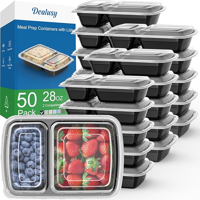 Dealusy 50 Pack (100-Piece) 28 oz Meal Prep Containers Reusable with Lids 2-Compartment, Sturdy Leakproof Food Safe, Microwave Freezer Dishwasher Safe, To Go Take Out Plastic Food Storage, Black