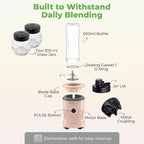 Mix&Shake Blender, 20 oz Portable Blender, 600W Motor, Pulse, ON/OFF, Stainless Steel Blades, Shakes, Sauces, Smoothie Maker, (1) 20 oz To-Go Bottle, (2) 10 oz Glass Jars, Pink, MSKM-600 2PS