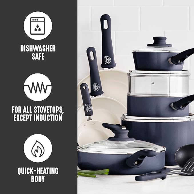GreenLife 16 Piece Nonstick Cookware Set, Soft Grip Non-Toxic PFAS-Free Ceramic Pots & Pans, Dishwasher & Oven Safe, Frying, Sauce, Utensils, Glass Lids, Stay-Cool Handles, Wobble Free, Black & Cream