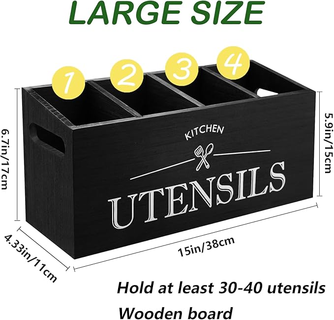 Kitchen Utensil Holder with 4 Compartments, Wooden Utensil Organizer for Countertop, Ideal for Storage and Organization, Rustic Cooking Utensil Kitchen Tool, Black