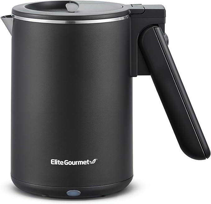 Elite Gourmet Dual Voltage 120-230V, Travel Double Wall Insulated Cool-Touch, 0.6L Electric Kettle Stainless Steel Interior, Hinged-Locking Lid, Auto Shut-Off, Boil Dry Protection, Black