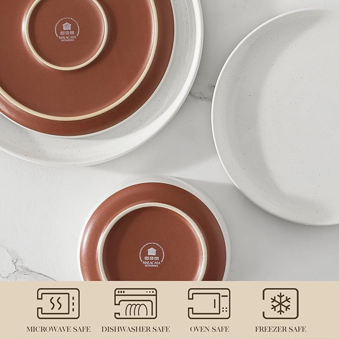MALACASA Plates and Bowls Sets, 24 Pieces Modern Ceramic Dinnerware Set for 8 Kitchen Stoneware Dishes Dishware Set Microwave and Dishwasher Safe, White, Series TARA