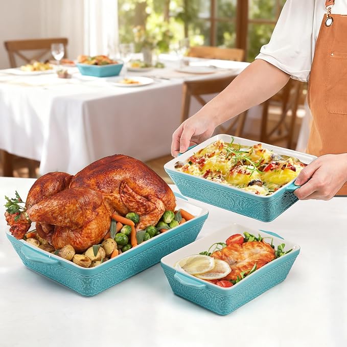 SOUJOY Ceramic Baking Dish Set of 3, Oven-to-Table and Non-Stick Rectangular Casserole Dishes with Sturdy Handles, Space-Saving Stack Lasagna Pan for Cooking, Serving, Roasting, Gifting, Turquoise