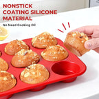 Silicone Muffin Pan for Baking: 12 Cup Muffin Pan with Metal Reinforced Frame, Regular Size Cupcake Egg Bites Molds for Baking, BPA Free Silicone Muffin Tray, Dishwasher Safe (1 Pack, Red)