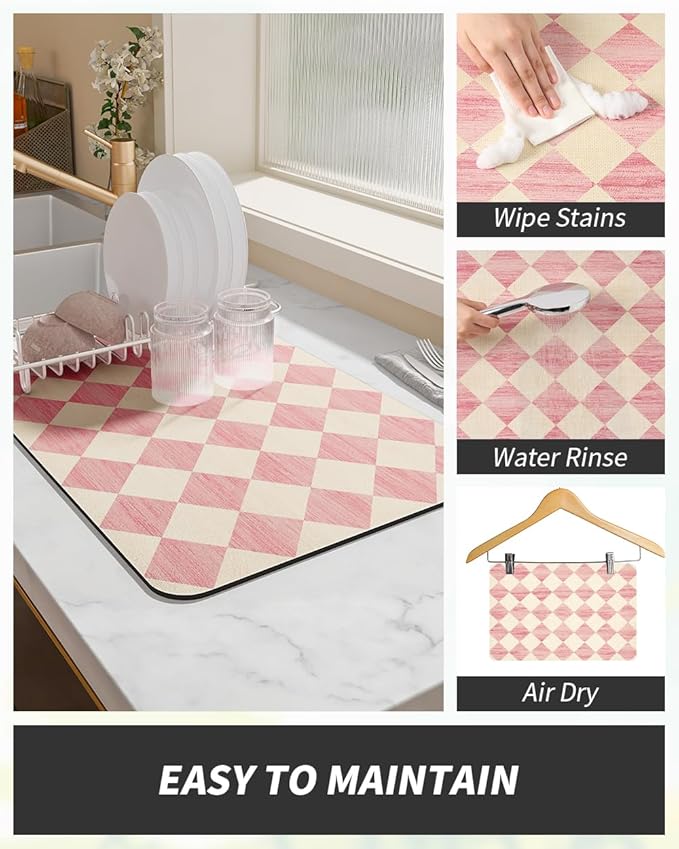 AMOAMI Coffee Mat Hide Stain Rubber Backed Absorbent Dish Drying Mat for Kitchen Counter - Fits Under Coffee Maker or Machine - PINK 12X19