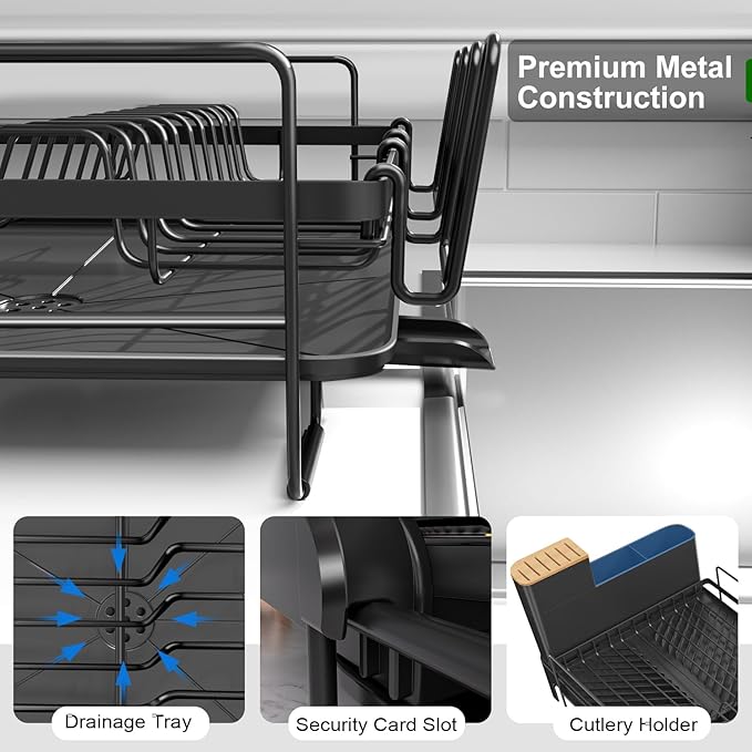Runnatal Dish Drying Rack Extendable, Large Dish Rack with Drainboard, Utensil Holder, Cup Holder, Expandable Dish Drainer for Kitchen Counter, 20.5"-27.6" L x 12.6" W