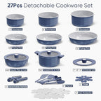 CAROTE 27pcs Ceramic Cookware Set Nonstick, Pots and Pans Set Non Stick, Non Toxic Cookware Detachable Handles, Dishwasher/Oven Safe, RV/Camping Cookware, Pan and Pot with Kitchen Utensils, Navy Blue
