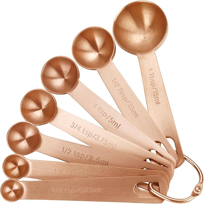 Measuring Spoons,SUS304 Stainless Steel Measuring Cups Set of 7 Piece: 1Tbsp,1/2Tbsp,1tsp,3/4tsp,1/2tsp,1/4tsp,1/8tsp Teaspoon Coffee Scoop Tablespoon for Dry and Liquid Ingredients,Rose Gold