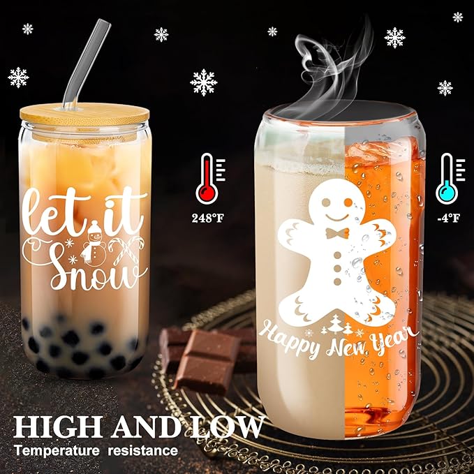 Umigy 8 Pack Christmas Glass Cups 16 oz Christmas Drinking Glasses Tumblers with Lids and Straws Drinkware Glassware Beer Can Shaped Iced Coffee Drinkware Mason Jar Cups for Xmas Gift Party Decor