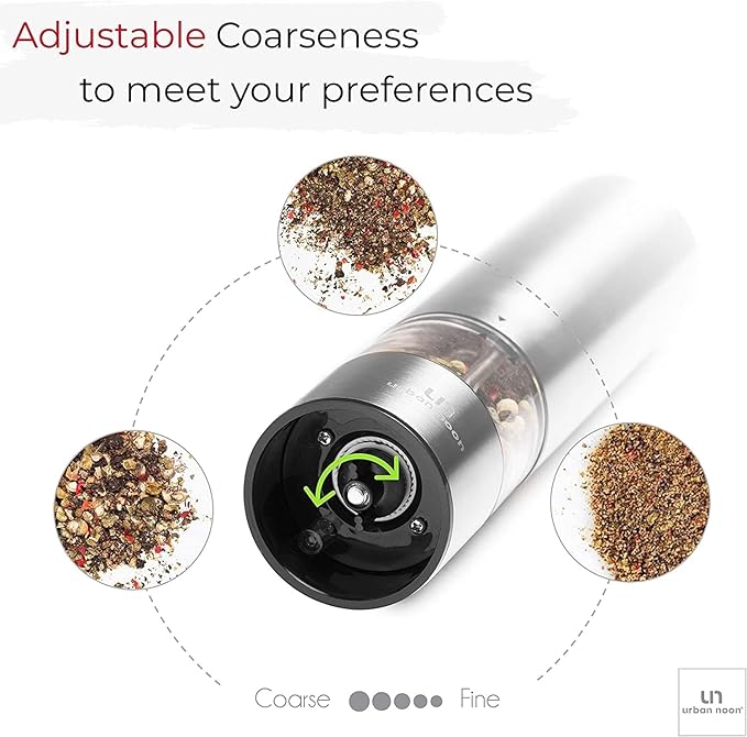 Electric Salt and Pepper Grinder Set - Matte Black Battery Operated Salt & Pepper Mills with Light (Pack of 2) - Automatic One Handed Operation with Adjustable Ceramic Grinders