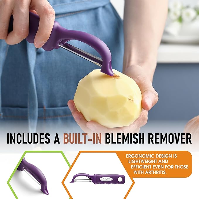 Spring Chef Professional Purple Swivel Vegetable Peeler for Kitchen, Stainless Steel Potato Peeler with Soft Grip Handle, Perfect For Veggie, Fruit, Carrot, Apple, Cucumber - Dishwasher Safe