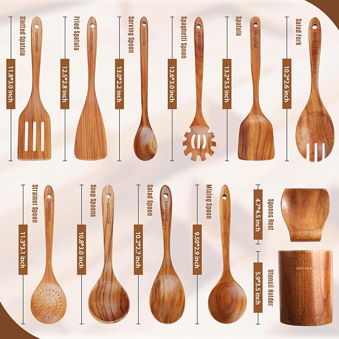 Wooden Spoons for Cooking, 12PCS Teak Wooden Kitchen Utensil Set with Spoon Rest - Smooth Finish, Non-Stick, Comfortable Grip, Heat Resistant Cooking Utensils Set