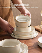 Famiware Star Dinnerware Set with Mugs, Service for 6 (24 Pieces), Ribbed Stoneware Plates and Bowls Dishes Sets - Chip & Scratch Resistant, Microwave & Dishwasher Safe, Cappuccino White