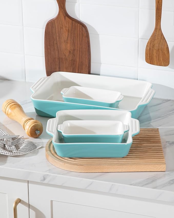 Sweejar Ceramic Bakeware Set of 4, Casserole Dishes for Oven, Rectangular Baking Dish with Handles, Lasagna Pans Deep for Cooking, Gratin, Roasting, Banquet and Daily Use (Turquoise)