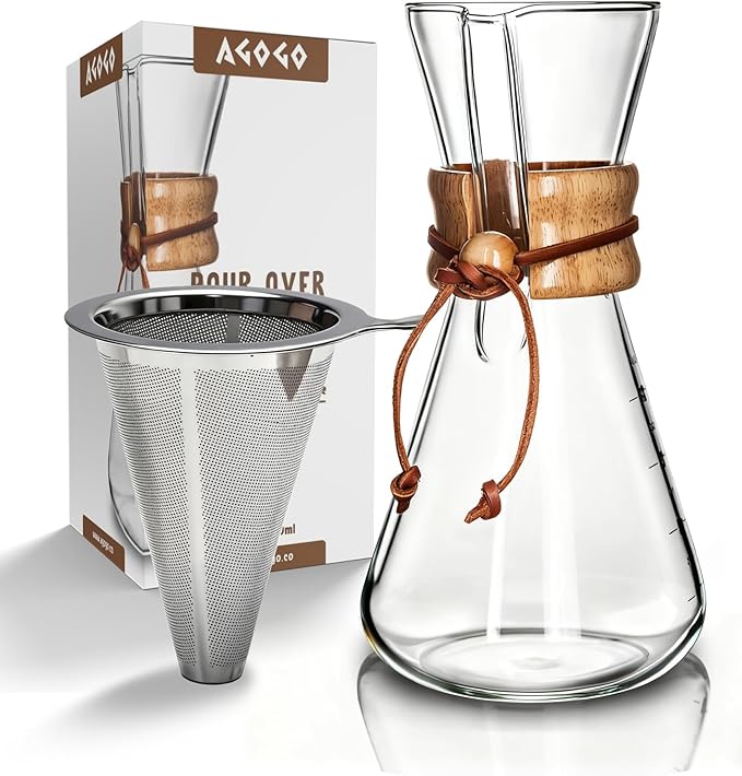 AGOGO Pour Over Coffee Maker Glass - Barista Kit with 304 Stainless Filter for Home, Office, Camping, Cafes - Easy Clean Coffee Dripper Set (Soft Towel&Brush) (20oz Slim Shape w/SS Filter)