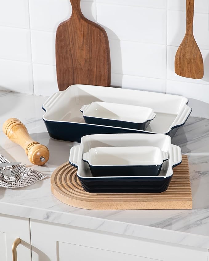 Sweejar Ceramic Bakeware Set of 4, Casserole Dishes for Oven, Rectangular Baking Dish with Handles, Lasagna Pans Deep for Cooking, Gratin, Roasting, Banquet and Daily Use (Navy)
