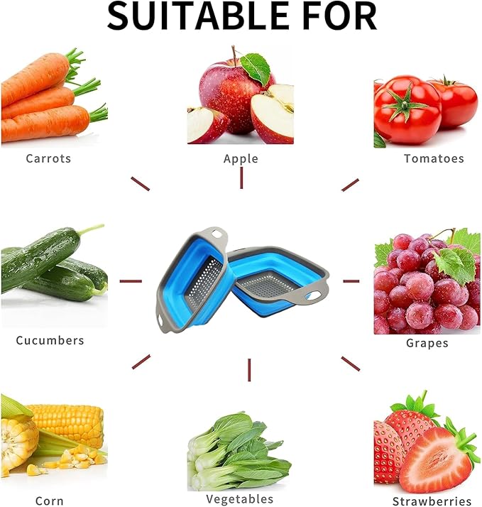 2 PCS Collapsible Colander, Collapsible Strainers for Kitchen, 11.5 inch Silicone Strainer and 9.5 inch Silicone Colander for Draining Vegetable fruit, Kitchen Food Strainer, Blue