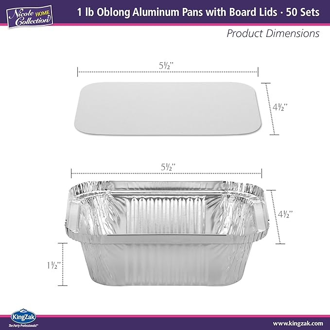 Nicole Home Collection Aluminum Pans With Lids - 50 Count - 1LB Oblong Pans (5"x4")- To Go Containers With Lids - Disposable Tin Foil Pans - Perfect For Catering, Meal Prep, Baking, Freezer Safe