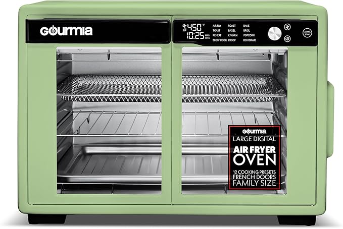 Gourmia French Door Air Fryer Oven - 37 Qt Large Capacity Convection Toaster Oven, FryForce 360°, Digital Display, 12 Cooking Presets, Dehydrate, Fits 13” Pizza, Dishwasher-Safe, Green