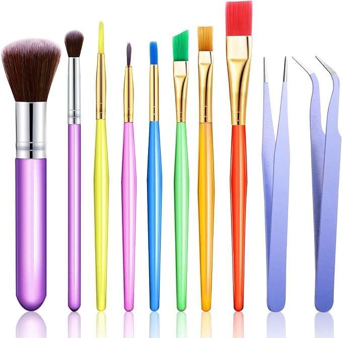 Sinmoe 10 Pieces Cake Candy Decorating Brushes Tools Cookie Decoration Brushes Pastry Brush and Stainless Steel Straight and Curved Tip Tweezers Pasta Tweezers for Baking Fondant (Multi Color)