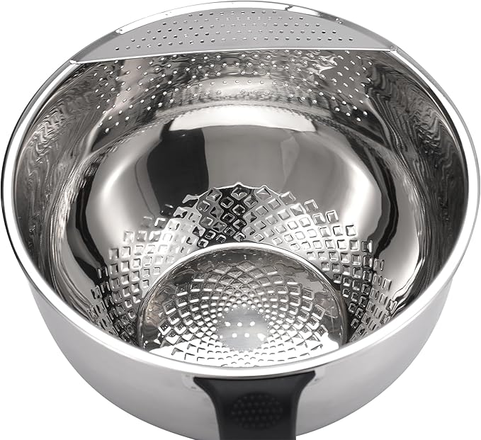 Rice Washer Strainer Bowl Quinoa Washing Bowl whit Handle Stainless Steel Colander Versatile Side Drainers for Cleaning Rinsing Fruits, Vegetables, and Beans - Tilting Non-slip Silicone Bottom
