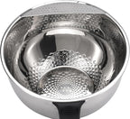 Rice Strainer Bowl Quinoa Washer whit Handle Stainless Steel Colander Versatile Side Drainers for Washing Cleaning Rinsing Fruits, Vegetables, and Beans - Tilting Non-slip Silicone Bottom