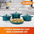 Hisencn Enameled Cast Iron Cookware Set - 7 Piece Set of Dutch Ovens, Sauce Pan, Skillet, 3 Lids, Dutch Oven Set, Ceramic Coated Cast Iron, Heavy Duty, Gas/Induction Compatible (Teal)