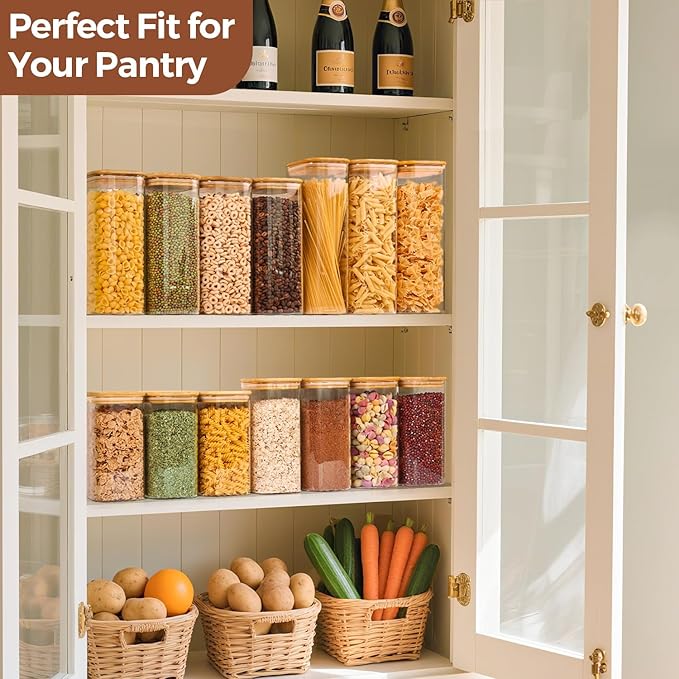 ComSaf Airtight Glass Storage Canister with Wood Lid (1.6 Qt), Clear Food Storage Container Jar with Sealing Lids for Oat Pasta Flour Cereal Rice Sugar Tea Coffee Beans, Set of 3 Square Cookie Jar