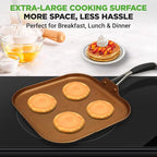 NutriChef Copper Pan Non-Stick Coating Inside, Hard-Anodized Look Heat Resistant Lacquer Outside, Silicone Handle NCSQPA, 1 Griddle