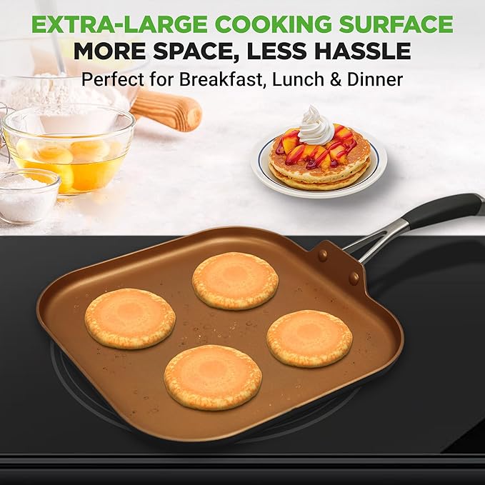 NutriChef Copper Pan Non-Stick Coating Inside, Hard-Anodized Look Heat Resistant Lacquer Outside, Silicone Handle NCSQPA, 1 Griddle
