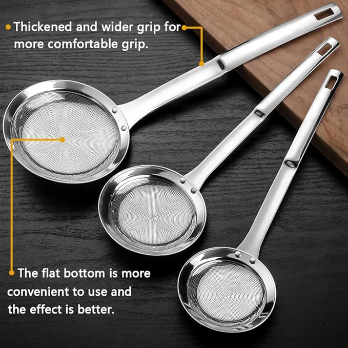 Sieve Fine Mesh Strainer Set Stainless Steel Metal Flat Cooking Skimmer Ladle Colander With Handle Food Strainer Kitchen Tools For Kitchen Baking Oil Filter Flour Sifter Foam,L M Small 3Pack