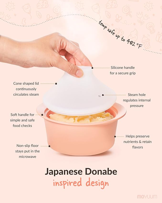 Moyuum Silicone Microwave Steamer | Made in Korea, Baby Food Maker Bowl with Lid, Egg and Vegetable Steam Cooker, Japanese Donabe Inspired Cooking Pot, Dishwasher Safe (Large, TerraCotta)