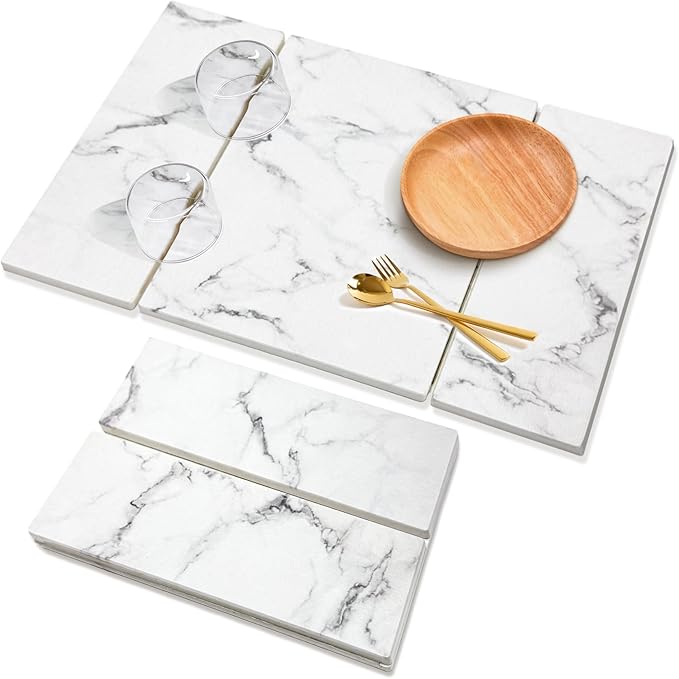 Large Stone Drying Mat for Kitchen Counter, 24"x16" Collapsible Quick Dry Dish Drying Mat, Water-Absorbent Marble Diatomaceous Earth Mats for Bottles Cups Dishes, Match Any Countertop