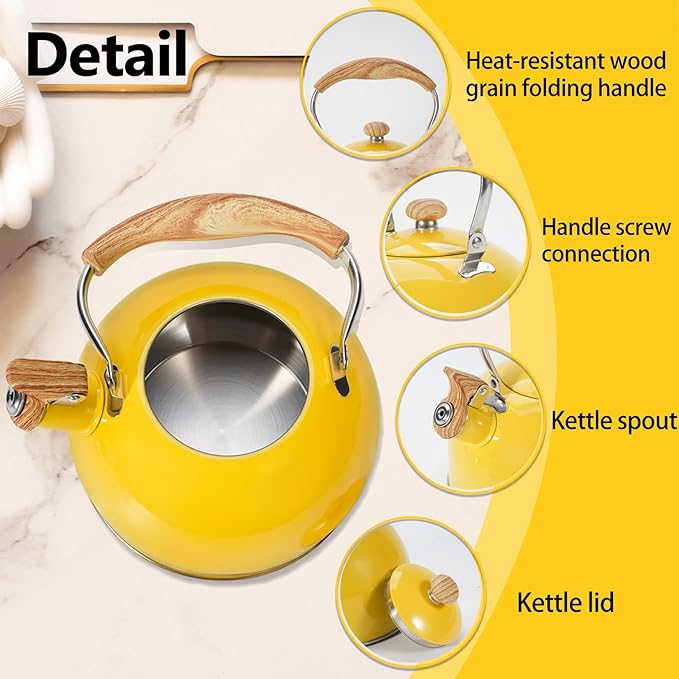 Tea Kettle,Whistling Tea Kettle Stovetop 2.6 Quart, Tea Pots for Stove Top Food Grade Stainless Steel,Wood Pattern Handle(Yellow),With Anti Scald Towel