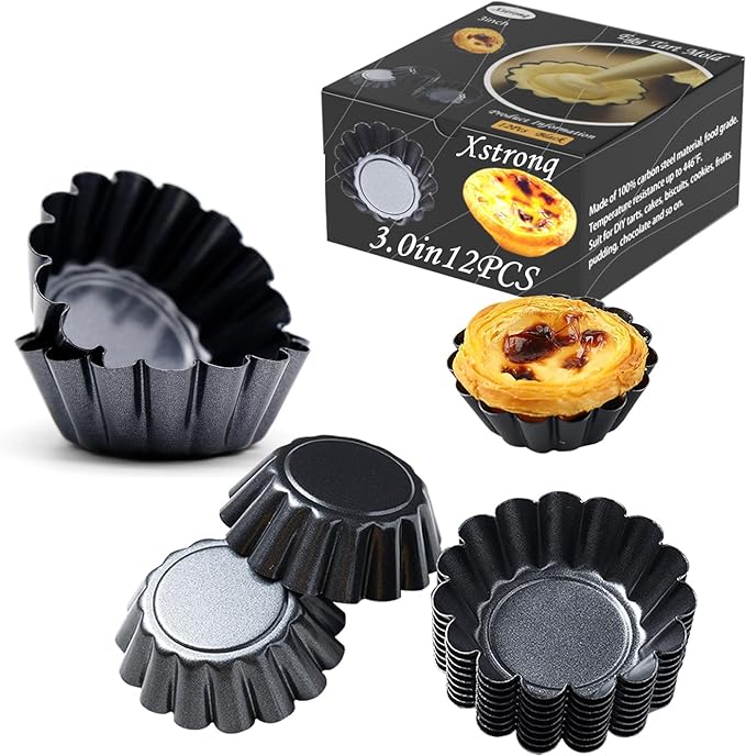 Egg Tart Molds 12PCS Tart Pan 3inch, Mini Carbon Steel Non Stick Tart Pans, Tart Molds For Baking (3 inch)