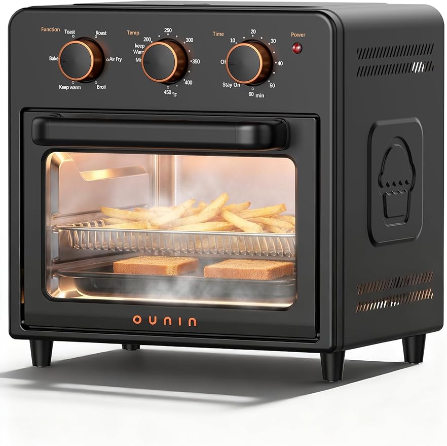 OUNIN Air Fryer & Toaster Oven with Steam Infusion, 12L Compact, Countertop Friendly, Fast Preheat with Bake, Convection Bake, Grill, Broil and Warm Options, 60-Minute Timer, Stainless Steel