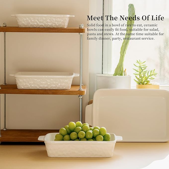 Dafuceramic Casserole Dishes for Oven, Baking Dishes, Ceramic Bakeware Sets of 4, Rectangular Baking Pan Set with Handles for Baking, Casserole, Kitchen, Wedding Gift,White